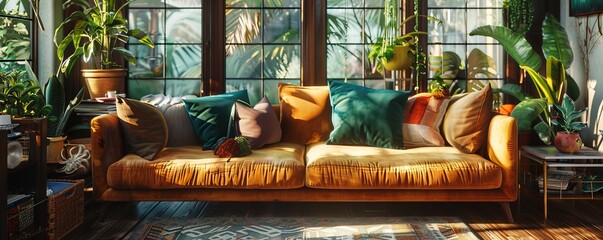 Poster - Sunlit living room with plush velvet sofa and eclectic throw pillows, 4K hyperrealistic photo