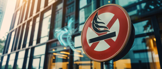 A detailed shot of a no-smoking sign outside a modern glass building, with a faint smoke design adding impact to the message, reflecting urban regulation.