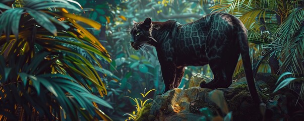 Canvas Print - Sleek black panther in the jungle, 4K hyperrealistic photo