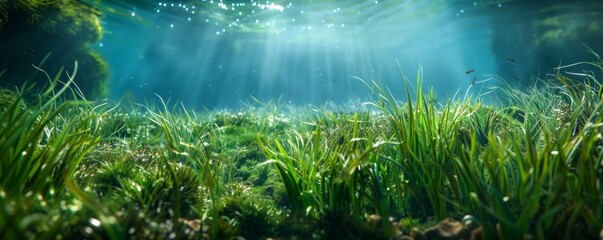 Poster - Serene underwater grassy meadow teeming with life, 4K hyperrealistic photo