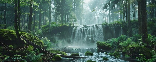 Wall Mural - Serene forest with a waterfall, 4K hyperrealistic photo