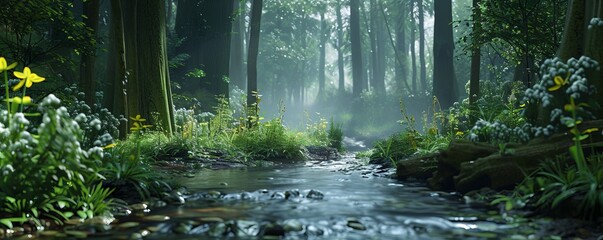 Sticker - Serene forest with a babbling brook, 4K hyperrealistic photo