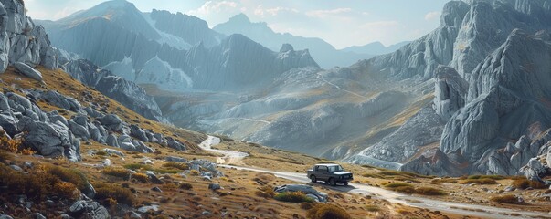 Rugged mountain pass with a vintage car driving along a winding road, 4K hyperrealistic photo