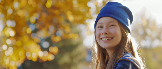 A young girl beams with happiness in a cozy beanie amidst golden autumn leaves in a park.