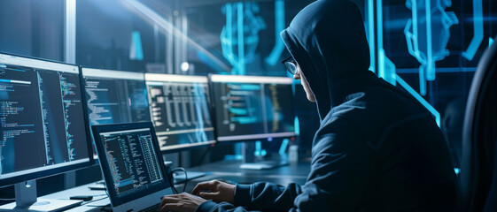Wall Mural - a hooded figure absorbed in coding on multiple computer screens in a dimly lit, high-tech environmen