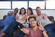 © peopleimages.com - Business people, peace and selfie in office with smile, diversity and career pride for about us. Creative agency, happy and team in workplace with memory for collaboration, cooperation and startup