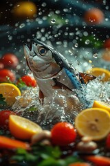 Bluefin tuna jumping high out of the cooking pan surrounded by lemon slices and sliced carrots. Generative Ai