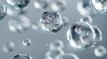 Abstract of transparent liquid bubbles floating and colliding with each other against a grey background