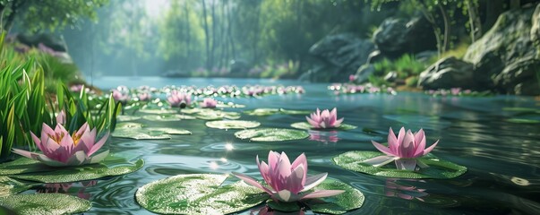 Poster - Peaceful pond with water lilies, 4K hyperrealistic photo