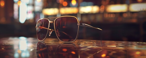 Canvas Print - Pair of stylish sunglasses on a table, 4K hyperrealistic photo