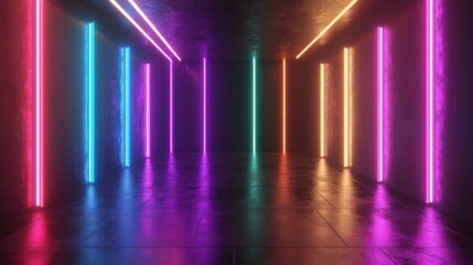 Fototapete - Futuristic 3D rendering of a room with black walls and multicolored neon lights.