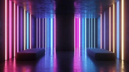 Poster - Futuristic 3D rendering of a room with black walls and multicolored neon lights.