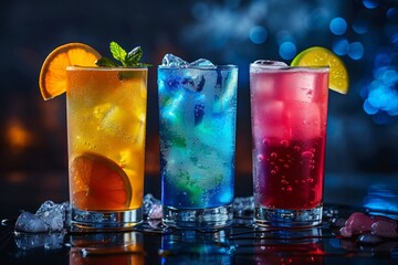 colorful cocktails standing on a bar top with ice and fruit