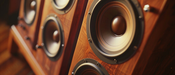 Rustic wooden speakers aligned in a series showcase their vintage appeal, highlighting the elegant design and sophisticated audio technology they represent.