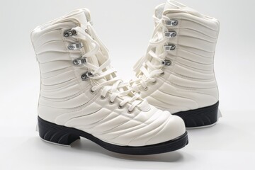 A pair of sleek, white figure skating boots with laces and blades, standing upright on a grey background. The boots are adorned with intricate designs and patterns.