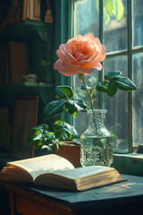 Aufkleber - Minimalist scene of an open book on a study table, with a single rose in a glass vase beside it,
