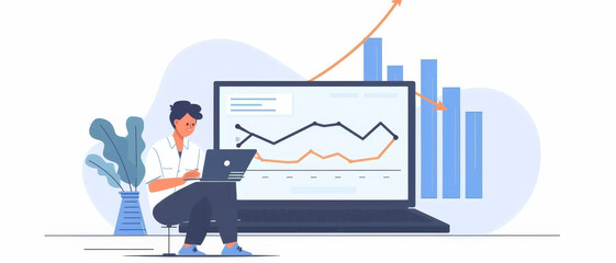 Wall Mural - an animated illustration of a person working on a laptop, with bar charts and graphs displayed on a 