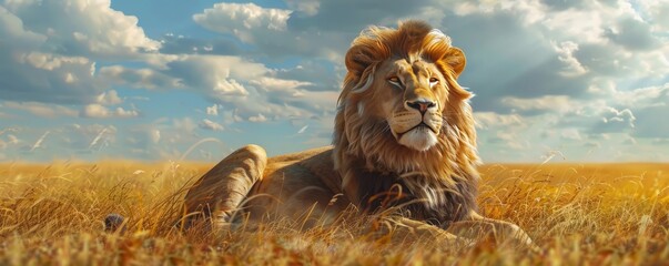 Wall Mural - Majestic lion resting in a golden savannah, 4K hyperrealistic photo