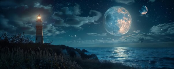 Wall Mural - Majestic lighthouse illuminated by a full moon, 4K hyperrealistic photo