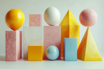 Aufkleber - Artistic composition of bright 3D geometric shapes arranged on a plain white background,