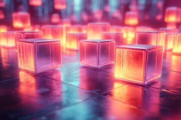 Aufkleber - Futuristic arrangement of neon-colored 3D cubes floating above a smooth, reflective surface,