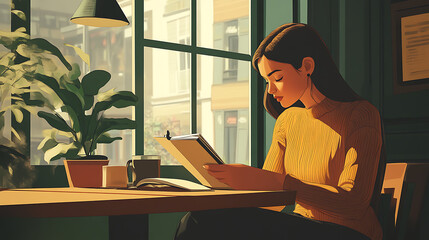 A young woman studying alone in a cozy cafe, with a notebook and a cup of coffee on the table 