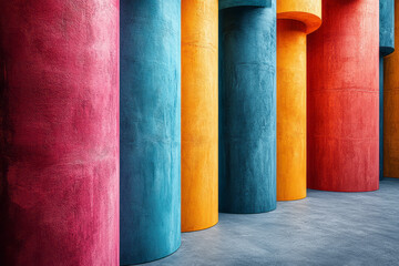Aufkleber - Abstract composition of brightly colored 3D cylinders intersecting on a gray concrete backdrop,
