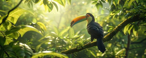 Sticker - Lush rainforest canopy with a colorful toucan perched on a branch, 4K hyperrealistic photo