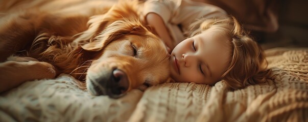 Wall Mural - Loving Golden Retriever comforting a child, 4K hyperrealistic photo