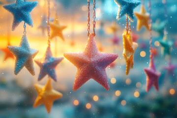 Wall Mural - Artistic rendering of 3D stars in vivid tones, suspended in mid-air against a pastel sky,