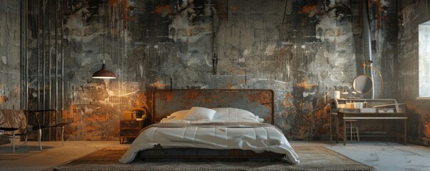 Poster - Industrial bedroom with exposed concrete walls, metal furniture, and vintage lighting, 4K hyperrealistic photo