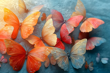 Fototapete - Artistic illustration of 3D butterflies in vibrant tones, perched on a plain concrete background,