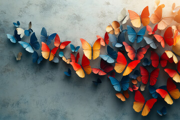 Aufkleber - Artistic illustration of 3D butterflies in vibrant tones, perched on a plain concrete background,