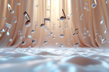 Wall Mural - Whimsical scene of bright 3D musical notes floating in front of a simple curtain backdrop,