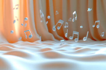 Leinwandbilder - Whimsical scene of bright 3D musical notes floating in front of a simple curtain backdrop,