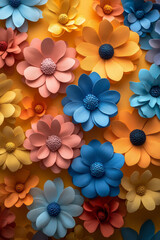 Aufkleber - Elegant composition of 3D flowers in vivid colors, arranged on a plain wooden surface,