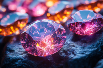 Poster - Clean and modern composition of 3D diamonds in vibrant colors on a smooth stone background,