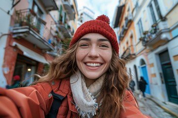 Young traveler woman taking selfie in the city