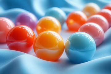 Leinwandbilder - Elegant scene of colorful 3D spheres rolling on a smooth fabric surface,