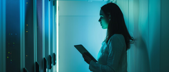Wall Mural - woman in a dimly lit data center, illuminated by blue light, working diligently on a tablet, showcas