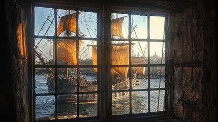 The view from the fort's window of the ancient ships and the ocean