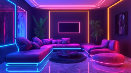 Fototapete - Glowing neon-lit room with black walls, featuring neon furniture and modern design.