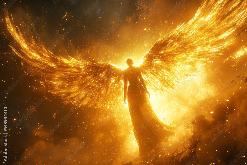 Artistic depiction of an angelic figure with golden wings, surrounded ...