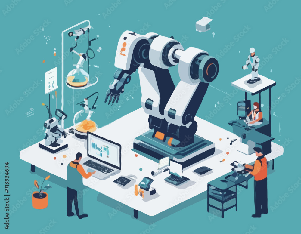 Computer Picture Robo Science Engineers Scientists Tiny Characters Making Programming Huge Robot in ...