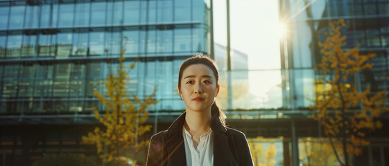 A professional woman stands confidently in front of sleek glass buildings, bathed in golden sunlight, symbolizing modern urban success and ambition.