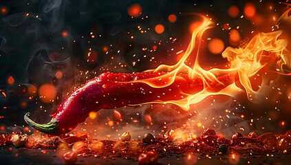 Red chili pepper on fire