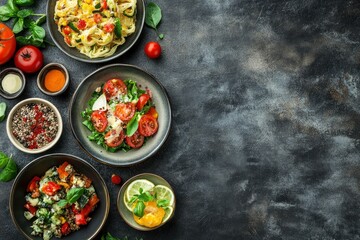 Wall Mural - Assortment of healthy food dishes. Top view. Free space for your text , ai