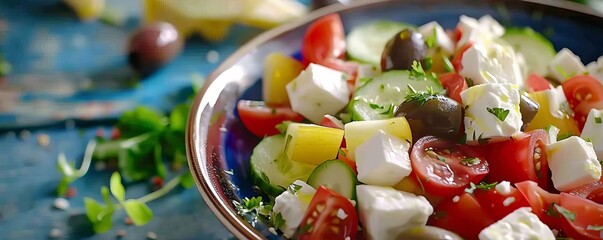 Wall Mural - Crisp and refreshing Greek salad with olives and feta cheese, 4K hyperrealistic photo