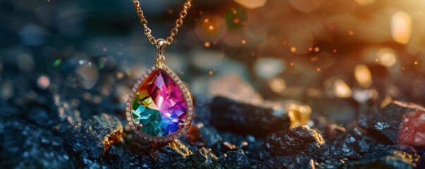 Poster - Colorful gemstone pendant with a vibrant sapphire as the centerpiece, 4K hyperrealistic photo