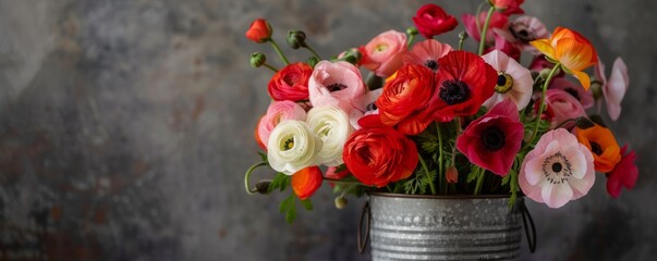 Wall Mural - Colorful arrangement of ranunculus, anemones, and poppies in a vintage tin bucket, 4K hyperrealistic photo